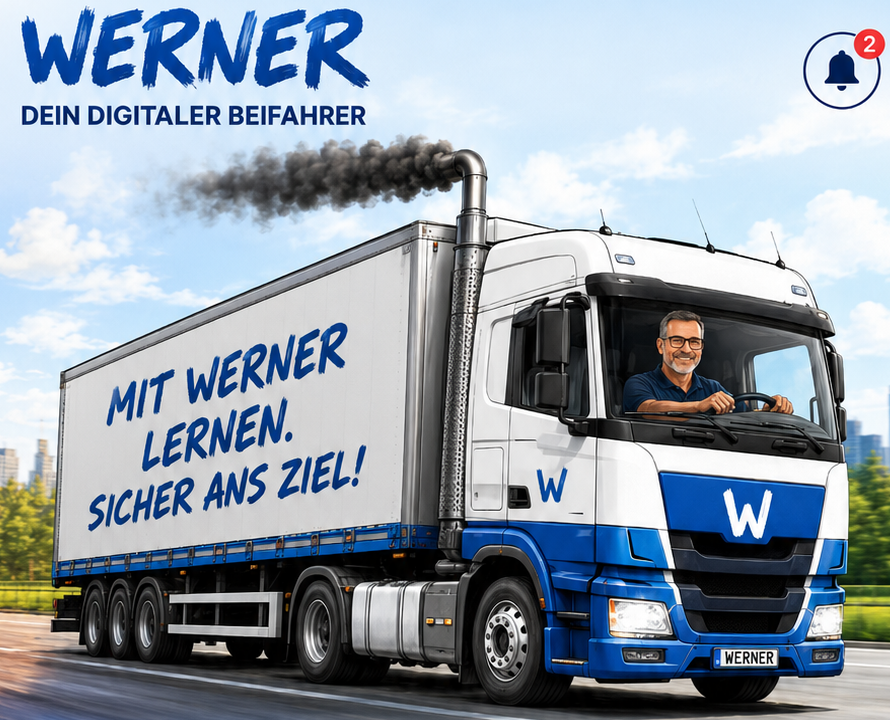 Blau-weißer Werner-Lkw mit Werner am Lenkrad